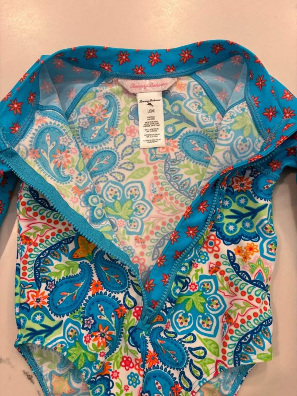 18-Mo Tommy Bahama Paisley Long-Sleeve Turquoise Rash Guard One Piece Swimwuit